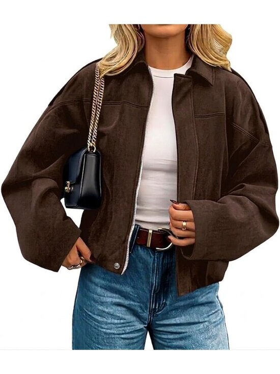 Jackets & Blazers - Women's Brown Faux Suede Oversized Cropped Open Front Zipper Bomber Jacket Coat